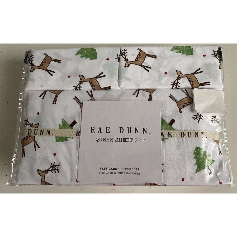 Rae Dunn Reindeer Christmas Tree Soft Queen Size Sheet Set Holiday 4 Piece NEW